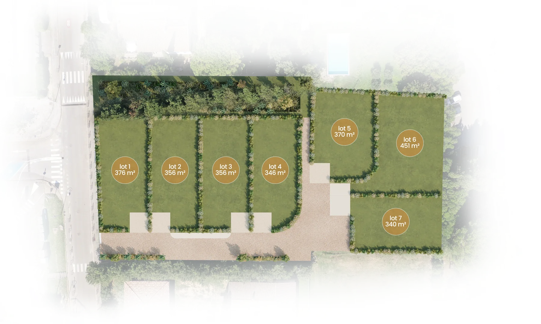 Plan de masse — Le Chemin des Écoliers · 7 lots de 340 à 451 m²